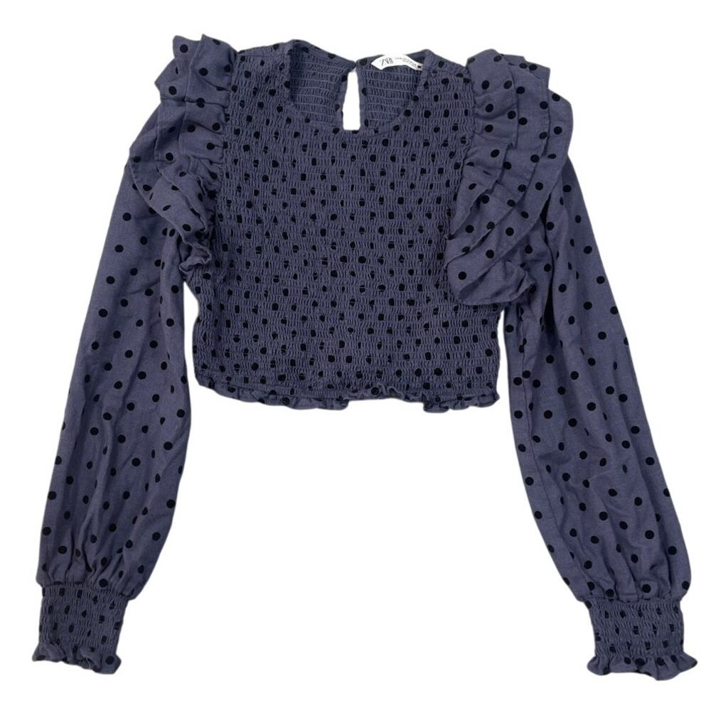Zara Womens Size M Smocked Long Sleeve Cropped Ruffle Sleeve Shirt